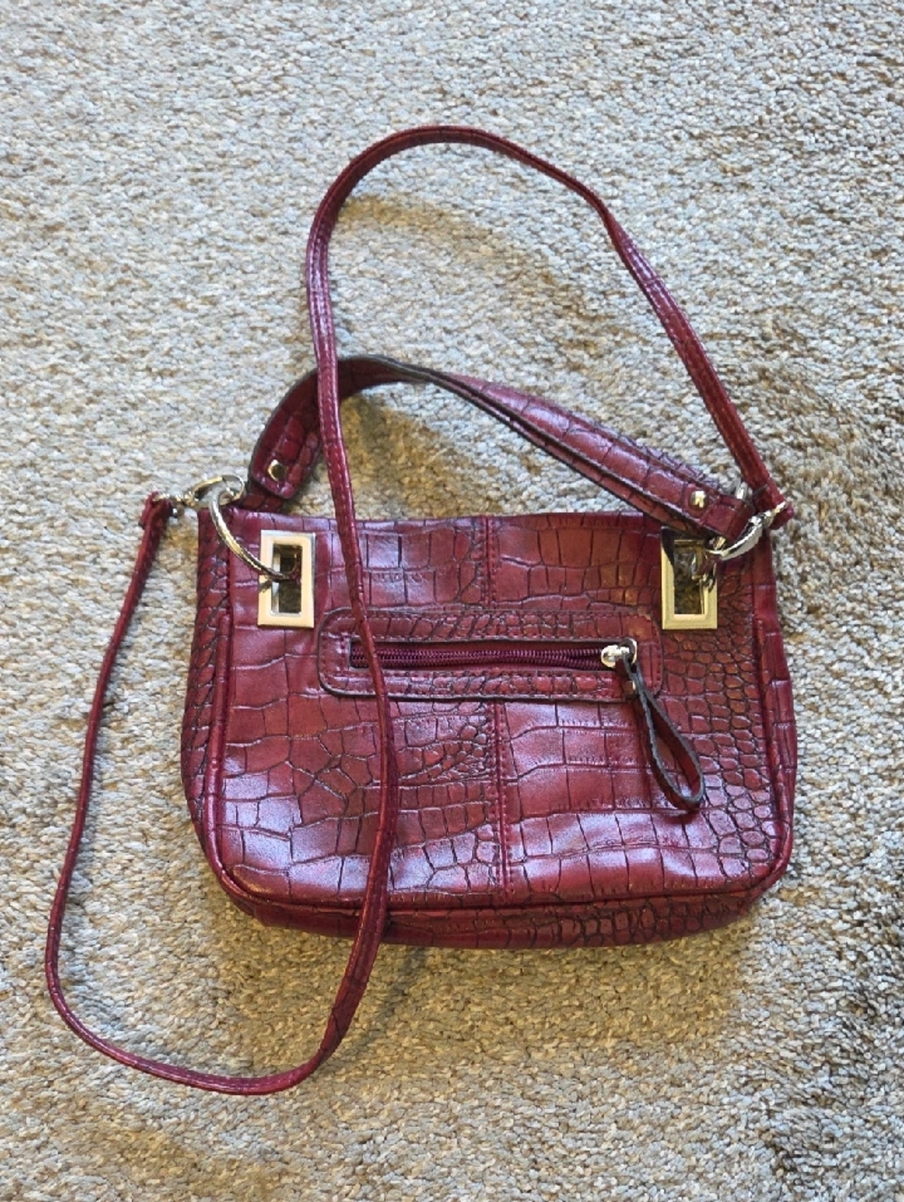Croc-Embossed Burgundy Shoulder Bag with Front Zip Pocket